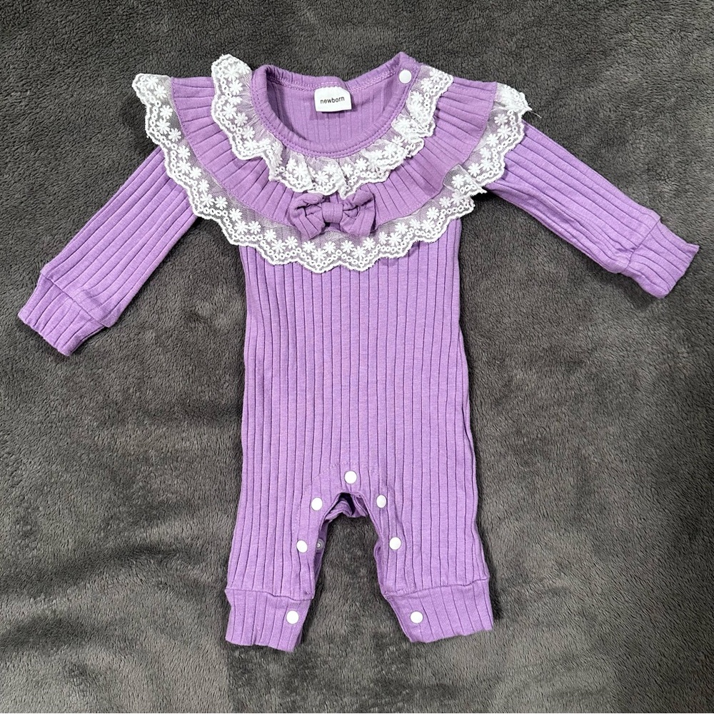 Baby Girls Purple Lace Trim Long sleeve Ribbed Romper - Newborn